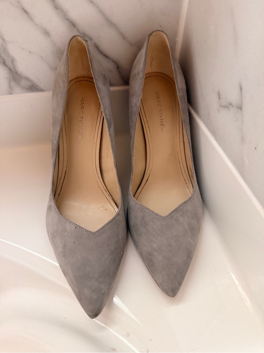 Marc Fisher Light Gray Suede Pointed Toe Pumps